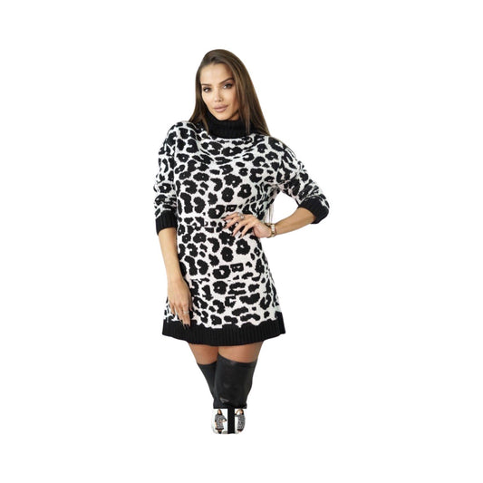 Women Jumper Dress Leopard Print Turtle Neck Black & White - Soul and Sense Streetwear